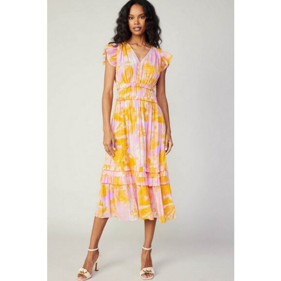 💕CURRENT AIR💕 Ruffle Sleeve V-Neck Elastic Waist Dress Floral Print Large NWT - Picture 5 of 16